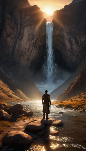 fantasy picture,world digital painting,glorfindel,fantasy landscape,fisherman,crytek,uncharted,water fall,subkingdom,waterfall,brown waterfall,hesychasm,guards of the canyon,landscape background,cryengine,fantasy art,alfheim,explorers,the wanderer,skogafoss,Photography,Artistic Photography,Artistic Photography 15