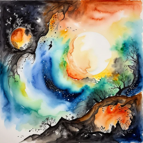 abstract watercolor,watercolor background,water color,watercolors,watercolor paint strokes,watercolor,watercolor painting,aquarelle,watercolours,planets,inner planets,watercolorist,celestial bodies,watercolour,water colors,watercolor paper,watercolour paint,watercolor texture,planetary system,cosmological,Illustration,Paper based,Paper Based 24