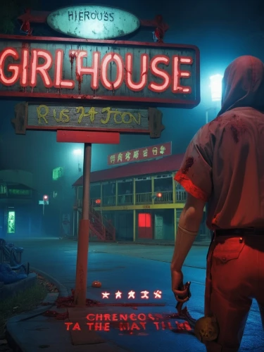 grindhouse,gni,lumbago,madhouse,funhouse,gta,bladerunner,rendezvous,blazkowicz,culvahouse,safehouse,retro diner,bioshock,slaughterhouse,neon sign,oxenhorn,girl with a gun,mgs,cyberpunk,atmoshphere,Photography,General,Realistic