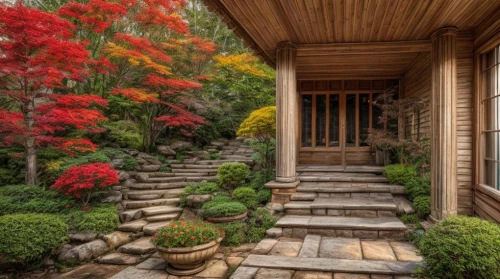 japanese garden ornament,front porch,the threshold of the house,entryway,landscaped,entryways,landscaping,garden door,wooden stairs,japan garden,autumn decoration,wooden path,landscape designers sydney,wooden house,autumn decor,beautiful home,outside staircase,japanese-style room,porch,home landscape,Common,Common,Photography