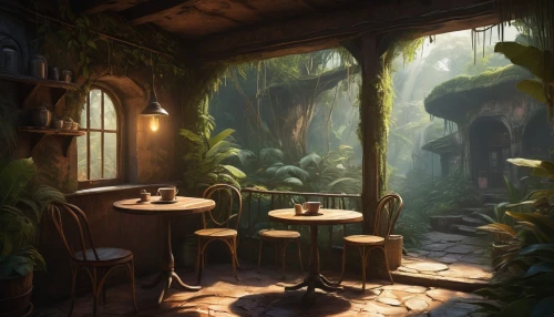 the coffee shop,teahouse,coffee shop,breakfast room,coffeeshop,herbology,watercolor cafe,tearoom,coffeehouse,cantina,philodendrons,hideout,breakfast table,coffeehouses,environments,background design,watercolor tea shop,fantasy landscape,cafe,teashop,Conceptual Art,Fantasy,Fantasy 15