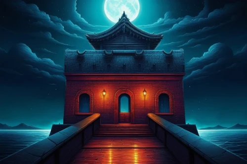 asian architecture,temples,portal,temple,ghost castle,pagodas,oriental lantern,world digital painting,buddhist temple,stone pagoda,rongfeng,lighthouse,water palace,wooden church,yangzhou,castle keep,travel poster,shrine,taoism,castlevania,Illustration,Realistic Fantasy,Realistic Fantasy 25