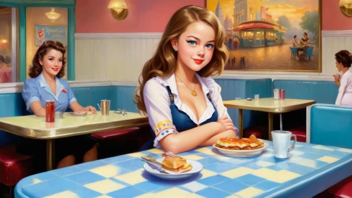 retro diner,waitress,woman at cafe,woman holding pie,soda shop,luncheonette,diners,women at cafe,tearoom,girl with cereal bowl,diner,pastry shop,ice cream parlor,soda fountain,paris cafe,eatery,waitresses,restaurants,girl with bread-and-butter,eateries