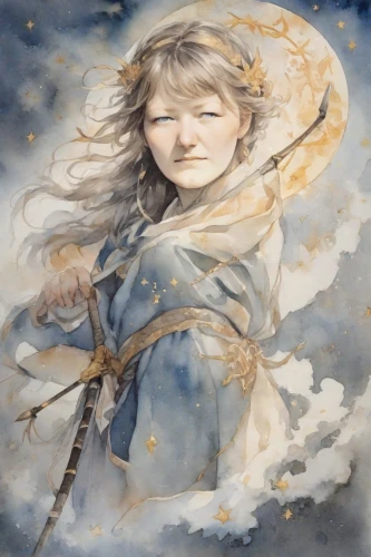 imbolc,little girl in wind,joan of arc,mystical portrait of a girl,amalthea,dove of peace,finrod,elenore,fairie,constellation lyre,zodiac sign libra,star mother,noldor,edain,ostara,angel playing the harp,the angel with the veronica veil,vitch,galadriel,behenna,Digital Art,Watercolor