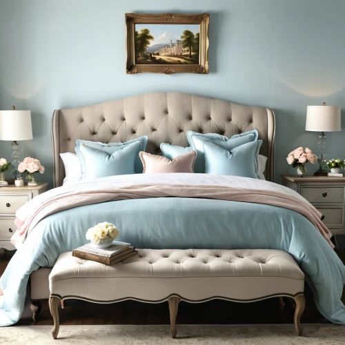 blue pillow,bed linen,headboard,bedding,bedspreads,headboards,bedspread,daybed,bedchamber,bed,daybeds,bedstead,mazarine blue,bedroom,soft furniture,guest room,pearl border,opaline,slipcovers,pastel colors,Photography,General,Realistic
