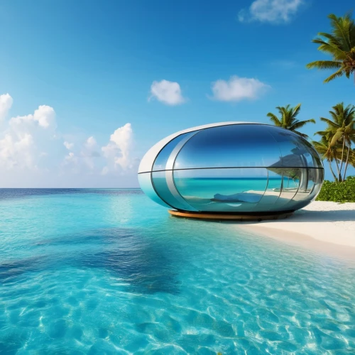 floating huts,infinity swimming pool,seasteading,futuristic architecture,floating island,glass sphere,tropical house,ocean paradise,futuristic landscape,island suspended,maldive,dream beach,floating islands,pool house,underwater oasis,fishbowl,water cube,maldives,inflatable pool,paradis,Photography,General,Realistic