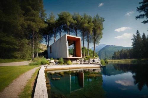 house with lake,inverted cottage,mirror house,zumthor,corten steel,cubic house,summer house,house by the water,snohetta,the cabin in the mountains,house in the mountains,house in mountains,pool house,holiday home,chalet,small cabin,timber house,summer cottage,pleso,wooden house