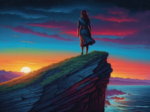 cliffside,the horizon,horizons,world digital painting,dreamscape,fantasy picture,dreamscapes,dream art,clifftop,girl on the dune,seadrift,precipice,inanna,escapism,adrift,red cliff,cliffsides,cliff,cliff top,dreamtime,Illustration,Realistic Fantasy,Realistic Fantasy 25