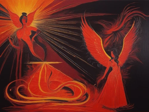 momix,pentecost,pentecostalist,vivants,phoenixes,archangels,annunciation,dancing flames,flame spirit,phenix,dancers,pentecostalists,transfigured,priestesses,the annunciation,fire dance,firebirds,pheonix,oil painting on canvas,fire birds,Illustration,Black and White,Black and White 21