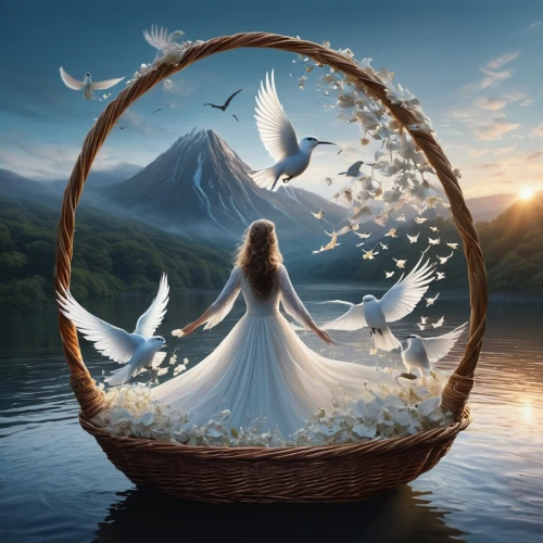 coracle,fantasy picture,dreams catcher,galadriel,adrift,swan lake,dove of peace,celtic harp,crystal ball,crystal ball-photography,lorien,floating island,gondolin,dreamtime,dream catcher,wind rose,dreamscapes,mediumship,white swan,enchantment,Photography,Fashion Photography,Fashion Photography 06