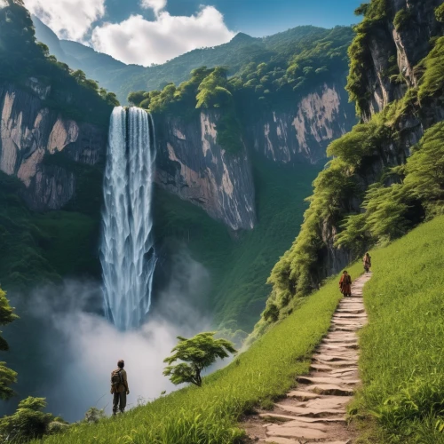 cartoon video game background,fantasy landscape,brown waterfall,rivendell,green waterfall,mountain world,waterfalls,the valley of flowers,bridal veil fall,landscape background,fantasy picture,falls,ash falls,world digital painting,uncharted,the mystical path,alfheim,cliffsides,water falls,the valley of the,Photography,General,Realistic