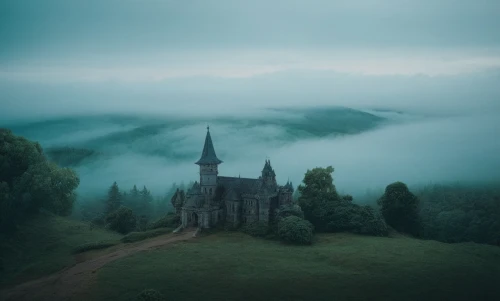foggy landscape,hogwarts,fairytale castle,ghost castle,haunted cathedral,fairy tale castle,fairytale,fairy tale,fantasy landscape,haunted castle,witch's house,black forest,lonely house,mystical,mists,black church,a fairy tale,morning mist,ecosse,foggy day,Photography,Artistic Photography,Artistic Photography 12