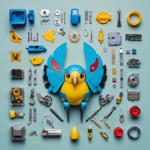 tinkertoys,twitter bird,nest workshop,blue parrot,craftsman,construction toys,tools,key birds,jewelry manufacturing,metalsmith,toolbox,parrotheads,jeweller,decoration bird,toolkit,disassembles,blue and yellow macaw,wooden toys,twitter pattern,maintainer,Unique,Design,Knolling