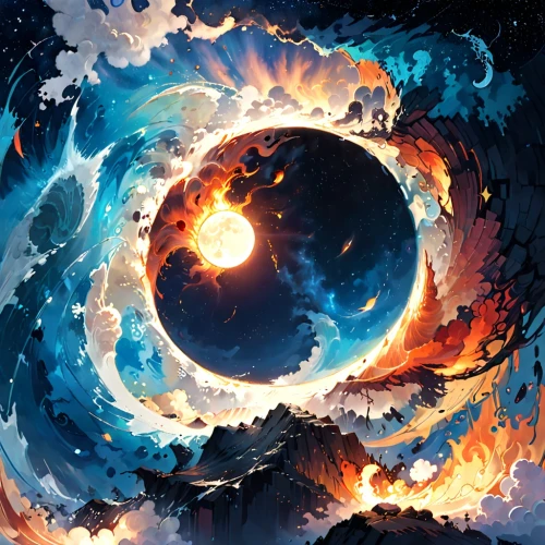 cosmic eye,fire planet,spiral nebula,burning earth,angstrom,ring of fire,black hole,time spiral,vortex,yinyang,fire background,maelstrom,monocerotis,blackhole,whirlwinds,fire and water,supernova,colorful spiral,sun moon,ecliptic,Anime,Anime,General