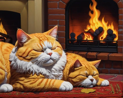 warm and cozy,warmth,georgatos,fireside,warming,gatos,log fire,fireplaces,two cats,garrison,catterns,snowcats,cat family,fireplace,toasty,fire place,firecat,friskies,cat resting,orange tabby cat,Illustration,Retro,Retro 16