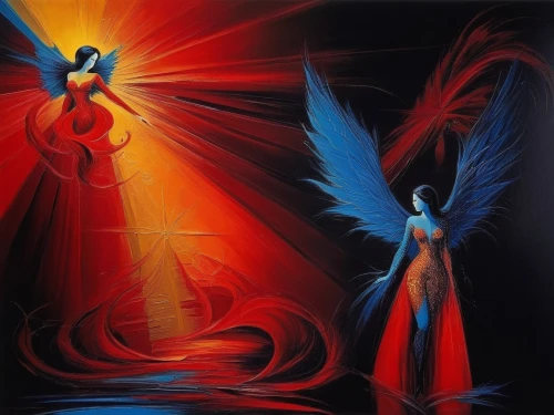 momix,sylphs,annunciation,archangels,vivants,the annunciation,vibrantly,fantasy art,red and blue,dubbeldam,phenix,plumes,angel wings,scarfe,firebirds,bird of paradise,bodypainting,wieslaw,pentecost,birds of paradise,Illustration,Vector,Vector 09