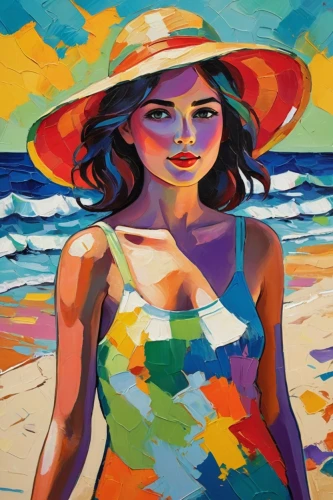 mousseau,girl wearing hat,woman with ice-cream,beach background,sun hat,oil painting,oil painting on canvas,colorful background,pittura,nielly,fauvism,yellow sun hat,art painting,girl on the dune,high sun hat,sea beach-marigold,pintor,watercolor women accessory,pintura,beach landscape,Conceptual Art,Oil color,Oil Color 25