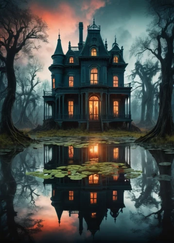 the haunted house,witch's house,haunted house,witch house,house silhouette,ghost castle,haunted castle,house with lake,creepy house,dreamhouse,house in the forest,fantasy picture,fairy tale castle,halloween background,gothic style,fairytale castle,lonely house,hauntings,halloween scene,ravenloft,Photography,Artistic Photography,Artistic Photography 07