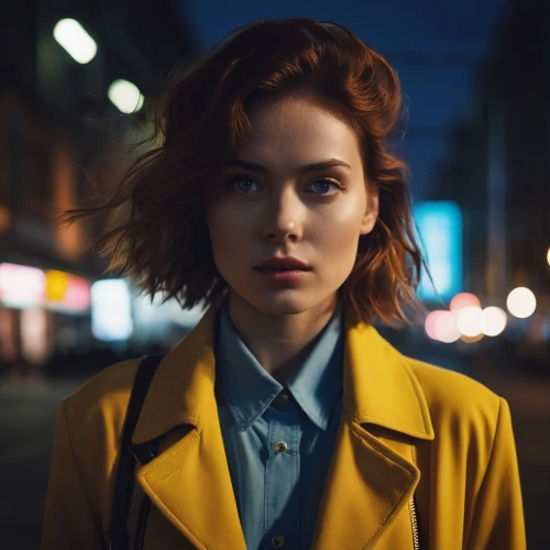 transistor,overcoats,jingna,triss,sorrenti,demelza,romanoff,holtzman,elle,maia,yelang,coat,portrait of a girl,predestination,pedestrian,yellow jacket,city ​​portrait,yellow and blue,woman portrait,young woman,Photography,General,Realistic