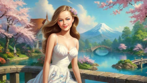 fantasy picture,landscape background,fantasy art,spring background,girl in a long dress,springtime background,world digital painting,margaery,celtic woman,creative background,the blonde in the river,fairy tale character,photo painting,art painting,love background,japanese sakura background,cartoon video game background,nature background,bridalveil,margairaz