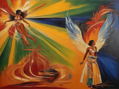 indigenous painting,khokhloma painting,oil painting on canvas,sankofa,dancers,african art,the annunciation,umoja,annunciation,sarafina,oil on canvas,oil painting,pentecostalist,contradanza,degrazia,pentecost,caribana,pentecostalists,fire dance,pasodoble,Illustration,Realistic Fantasy,Realistic Fantasy 21