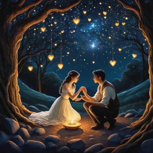 romantic scene,a fairy tale,fairytale,fairy tale,romantic night,magical moment,estrelas,the moon and the stars,fantasy picture,fairytales,estrellas,magical,twinkling,starcatchers,romantic portrait,serenade,cinderella,twinkly,fairy lights,young couple,Photography,Fashion Photography,Fashion Photography 17