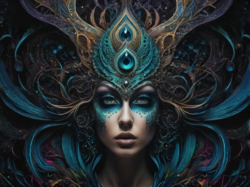 peacock,shamanic,fantasy portrait,mirror of souls,ayahuasca,masquerade,fairy peacock,fantasy art,samsara,fractals art,boho art,the enchantress,peacock eye,medusa,mystical portrait of a girl,oracular,aura,headress,blue enchantress,psytrance,Photography,General,Fantasy