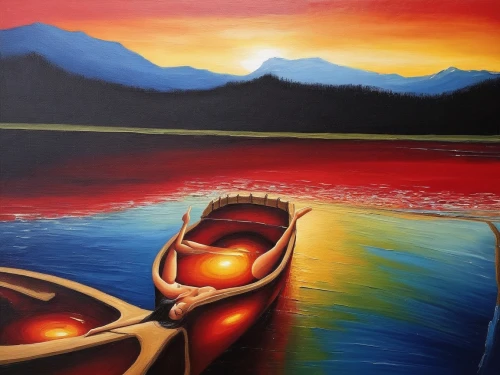 boat landscape,canoes,oil painting on canvas,rowboats,row boat,kayaker,canoer,oil on canvas,canoe,pedal boats,lake mcdonald,paddle boat,rowing boats,water boat,canoeist,kayak,watercraft,pedalo,boatman,kayaks,Conceptual Art,Daily,Daily 02