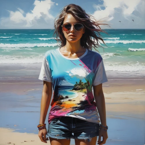 girl in t-shirt,donsky,girl on the dune,beach background,world digital painting,isolated t-shirt,beachgoer,beach landscape,photorealist,surfwear,welin,photo painting,threadless,oil painting,pittura,t-shirt printing,art painting,sea landscape,painting technique,print on t-shirt,Conceptual Art,Fantasy,Fantasy 12