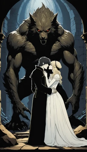 wolf couple,cerebus,werewolve,eloped,bridezilla,unwedded,wolfman,marrieds,the bride,werewolves,dead bride,bride and groom,mignola,wedding couple,wedded,werewolf,wedlock,vows,man and wife,shadowgate,Conceptual Art,Oil color,Oil Color 11