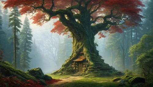forest tree,fantasy picture,forest landscape,magic tree,old tree,forest background,fantasy landscape,yggdrasil,oak tree,celtic tree,isolated tree,fairy forest,druidism,elven forest,mushroom landscape,mirkwood,the japanese tree,arbol,enchanted forest,house in the forest,Conceptual Art,Fantasy,Fantasy 05