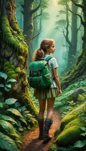 arrietty,fae,forest path,girl with tree,forest walk,children's background,forest background,terabithia,world digital painting,hiker,forest floor,saria,nissa,girl walking away,in the forest,forest clover,fantasy picture,hiking path,link,backpacked,Photography,General,Fantasy