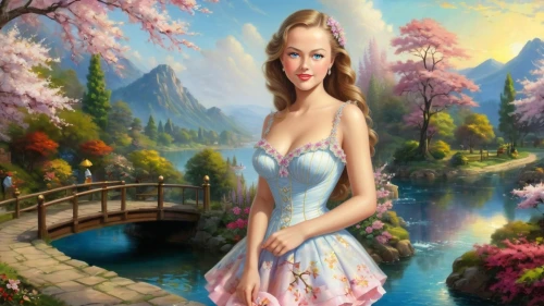 fantasy picture,the blonde in the river,fantasy art,landscape background,girl on the river,springtime background,art painting,spring background,faerie,ninfa,fairy tale character,photo painting,faires,girl in flowers,oil painting on canvas,mystical portrait of a girl,romantic portrait,fairy queen,creative background,secret garden of venus