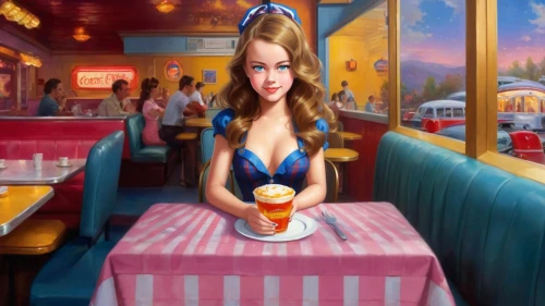 retro diner,waitress,soda shop,woman with ice-cream,cigarette girl,woman at cafe,pin-up girl,retro pin up girl,milkshake,girl with cereal bowl,retro pin up girls,diner,pin-up girls,pin up girl,ice cream parlor,retro girl,ice cream shop,drive in restaurant,cartoon video game background,girl sitting