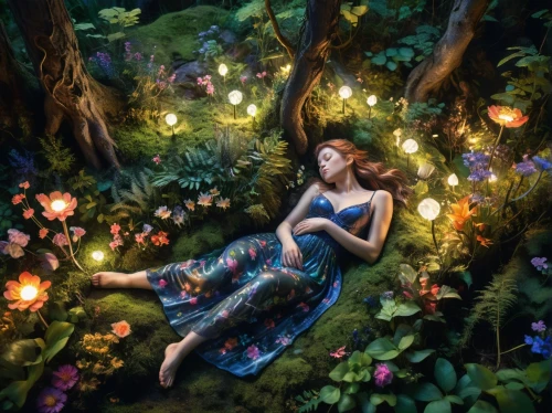 fairie,girl in flowers,girl in the garden,fairy forest,faerie,ophelia,fae,garden fairy,faery,girl lying on the grass,fireflies,enchanted forest,forest of dreams,fairyland,fantasy picture,fairy lights,fantasy portrait,flower fairy,seelie,girl in a wreath,Photography,Artistic Photography,Artistic Photography 02