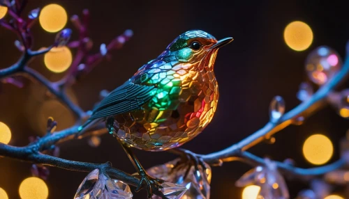 glass yard ornament,an ornamental bird,ornamental bird,glass ornament,decoration bird,christmas light,colorful birds,starling,christmas lights,european starling,bird on the tree,garland of lights,glass decorations,bokeh lights,christmas decoration,night bird,bird on tree,tree lights,garland lights,colored lights,Photography,General,Cinematic