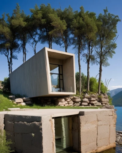 cubic house,zumthor,dunes house,house with lake,cube house,inverted cottage,house by the water,summer house,stone house,corten steel,cube stilt houses,utzon,holiday home,siza,prefab,timber house,mahdavi,kundig,lefay,cantilevered,Photography,General,Realistic