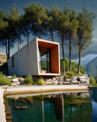 corten steel,cubic house,zumthor,snohetta,inverted cottage,house in the mountains,mirror house,summer house,house in mountains,house by the water,pool house,prefab,mahdavi,holiday home,house with lake,amanresorts,cube house,lefay,the cabin in the mountains,modern architecture