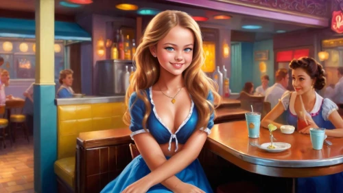 waitress,retro diner,waitresses,barmaid,barmaids,diner,cigarette girl,soda shop,hostesses,bartender,diners,woman at cafe,ice cream parlor,pin-up girls,new york restaurant,3d background,soda fountain,restaurants,retro pin up girls,pin up girls