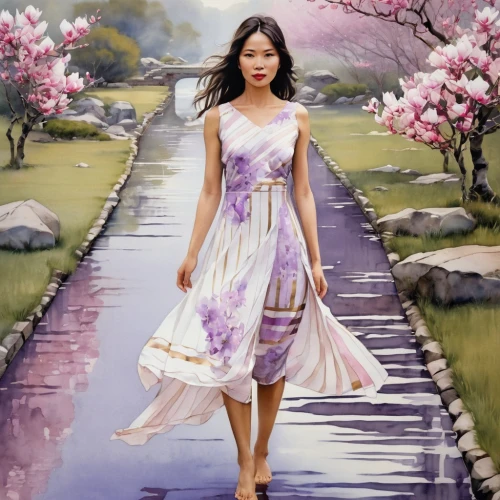 japanese sakura background,walking in a spring,girl in a long dress,springtime background,fashion vector,watercolor background,woman walking,xueying,spring background,oriental painting,girl in flowers,vietnamese woman,watercolor women accessory,oriental princess,world digital painting,plum blossom,xiaofei,liangying,xiaoying,the cherry blossoms,Photography,General,Realistic