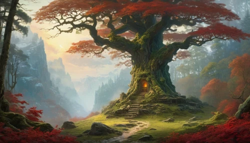fantasy landscape,fantasy picture,forest tree,autumn forest,forest landscape,autumn tree,forest path,elven forest,moss landscape,celtic tree,magic tree,yggdrasil,the japanese tree,mushroom landscape,tree top path,fairy forest,world digital painting,isolated tree,the mystical path,autumn landscape,Conceptual Art,Fantasy,Fantasy 05