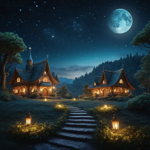 fantasy picture,witch's house,night scene,fantasy landscape,houses clipart,home landscape,fairy village,moonlit night,aurora village,dreamhouse,fairy tale,fantasy art,treehouses,a fairy tale,knight village,dream world,house in the forest,fairy house,neverland,landscape background,Photography,General,Fantasy