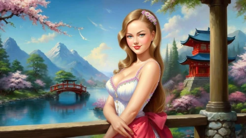 fantasy picture,japanese sakura background,oriental princess,landscape background,qixi,oriental painting,fairy tale character,spring background,fantasy art,springtime background,oriental girl,portrait background,world digital painting,fantasy portrait,wenxia,qimin,fantasy girl,songling,cheongsam,jolin