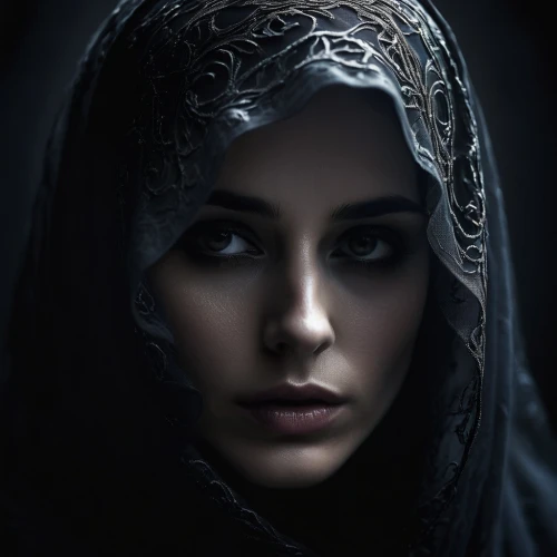 dark portrait,gothic portrait,islamic girl,mystical portrait of a girl,veil,veils,muslim woman,abaya,hayat,maryam,melisandre,khatoon,circassian,cloaked,armenian,amidala,gothic woman,veiled,woman portrait,priestess,Photography,Fashion Photography,Fashion Photography 06