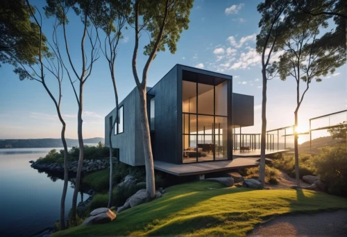 house by the water,landscape design sydney,landscape designers sydney,house with lake,dunes house,modern architecture,modern house,cube stilt houses,garden design sydney,cube house,merimbula,lake view,inverted cottage,utzon,cubic house,riverland,waterview,tasmania,seidler,boatshed,Photography,General,Realistic