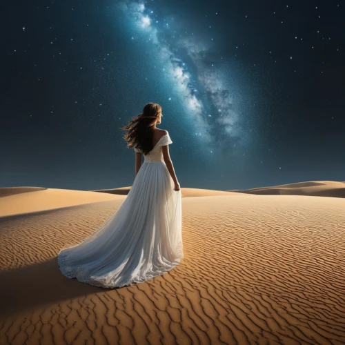 girl on the dune,capture desert,milky way,astronomy,desert background,dreamscapes,fantasy picture,markarian,conceptual photography,the milky way,cosmogenic,hosseinian,hossein,dreamscape,photo manipulation,photomanipulation,universo,dreamtime,enchantment,etoiles,Photography,Fashion Photography,Fashion Photography 06