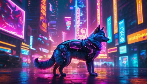 cyberpunk,hachiko,gsd,doberman,fox in the rain,cyberdog,cybercity,cityscape,bladerunner,ultraviolet,vapor,urbanfetch,synthetic,neon,kinkade,schindewolf,futuristic,colorful city,urban,neon lights,Conceptual Art,Sci-Fi,Sci-Fi 26