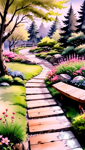 watercolor background,pathway,wooden path,forest path,springtime background,walkway,hiking path,walking in a spring,walk in a park,spring background,sidewalk,towards the garden,flower painting,small landscape,cartoon video game background,cartoon forest,landscape background,the path,tree lined path,watercolor,Illustration,Paper based,Paper Based 30