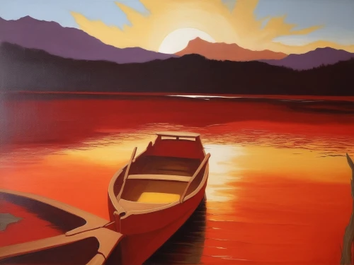 boat landscape,row boat,rowing boat,landscape red,rowboats,evening lake,rowing boats,canoes,pittura,pintura,pintor,art painting,coble,canoe,llyn,oil painting on canvas,photo painting,water boat,oil on canvas,boatman,Conceptual Art,Daily,Daily 08