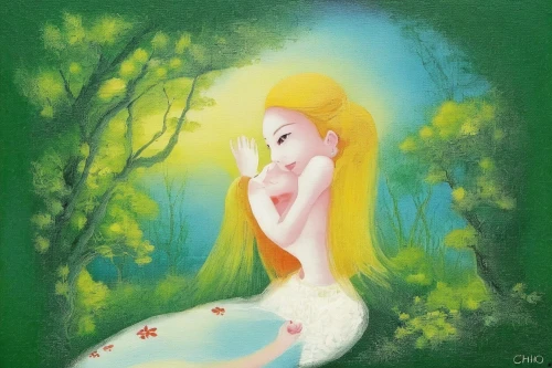 lilly of the valley,diwata,lily of the field,water nymph,paciello,rusalka,girl in the garden,fairie,fantasia,ophelia,sirena,the blonde in the river,ostara,fairy world,thumbelina,fairy,mermaid background,naiad,galadriel,watercolor mermaid,Illustration,Japanese style,Japanese Style 20